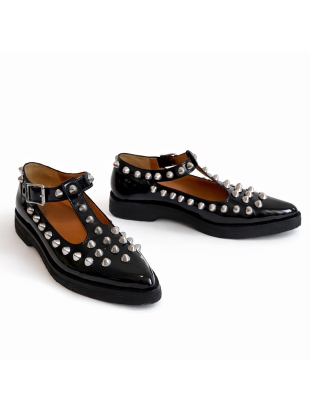 Marc Jacobs Black Patent T-Strap Studded Flats